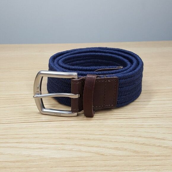 POLO RALPH LAUREN Belt Mens Small Blue Braided Stretch Leather Trim Logo Buckle - Picture 1 of 5